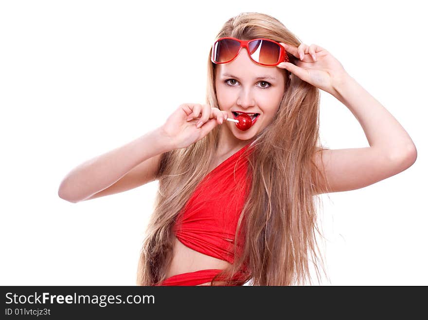 Woman in a red dress with the glasses on a white background