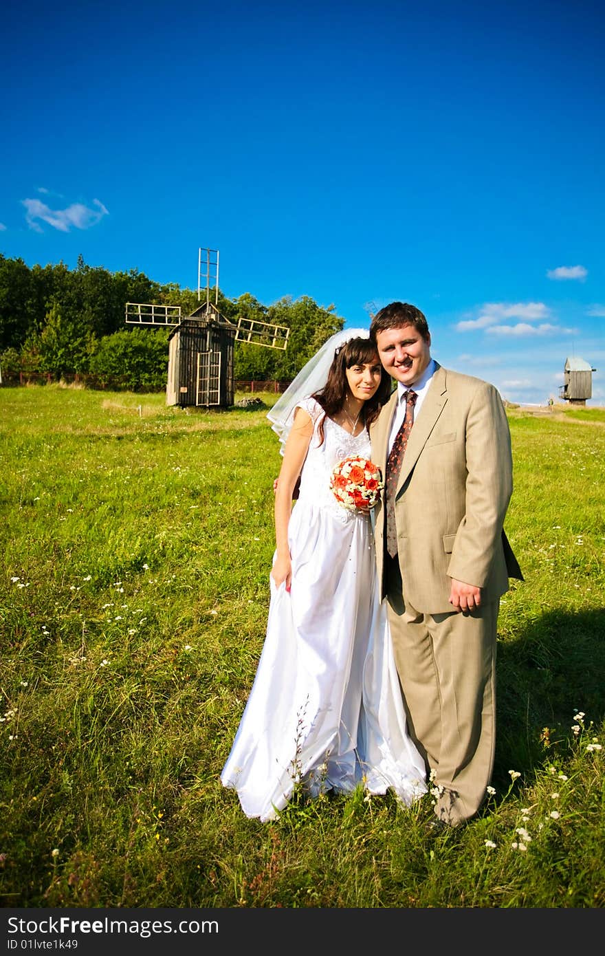 Bride and groom. Panorama view