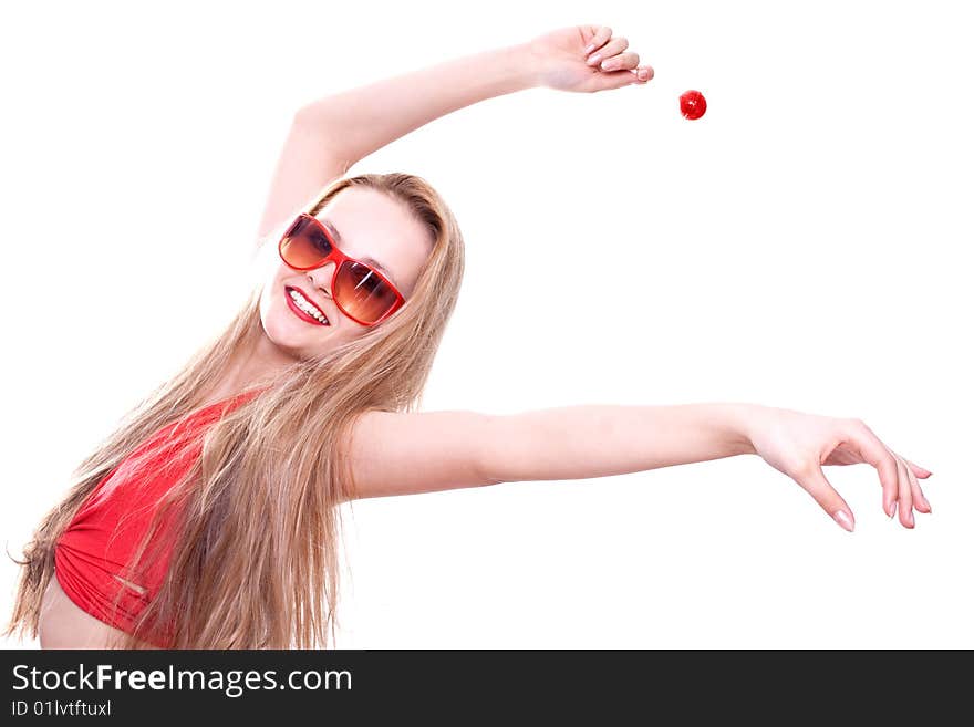 Woman in a red dress with the glasses on a white background