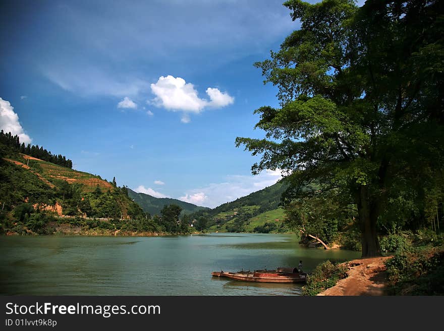 Summer river view with blue sky and clouds. Summer river view with blue sky and clouds.