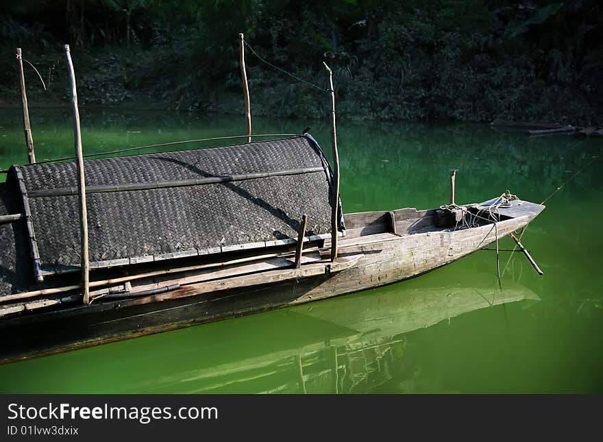 Old boat on lake. landscape