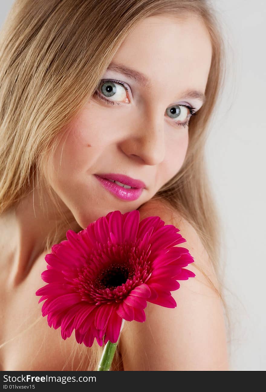 Girl with ping flowers