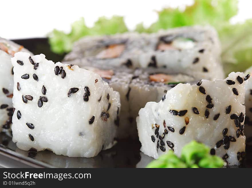 Japanese Cuisine - Sushi with Fresh Salad Leaf