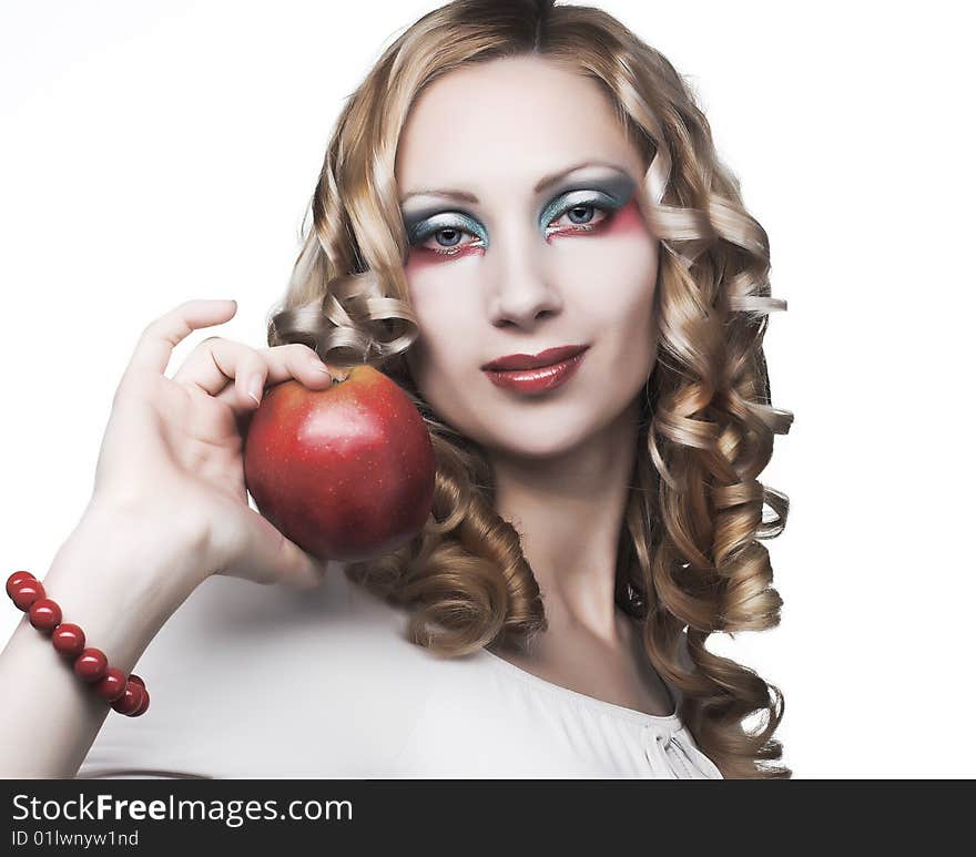 Blonde with red apple