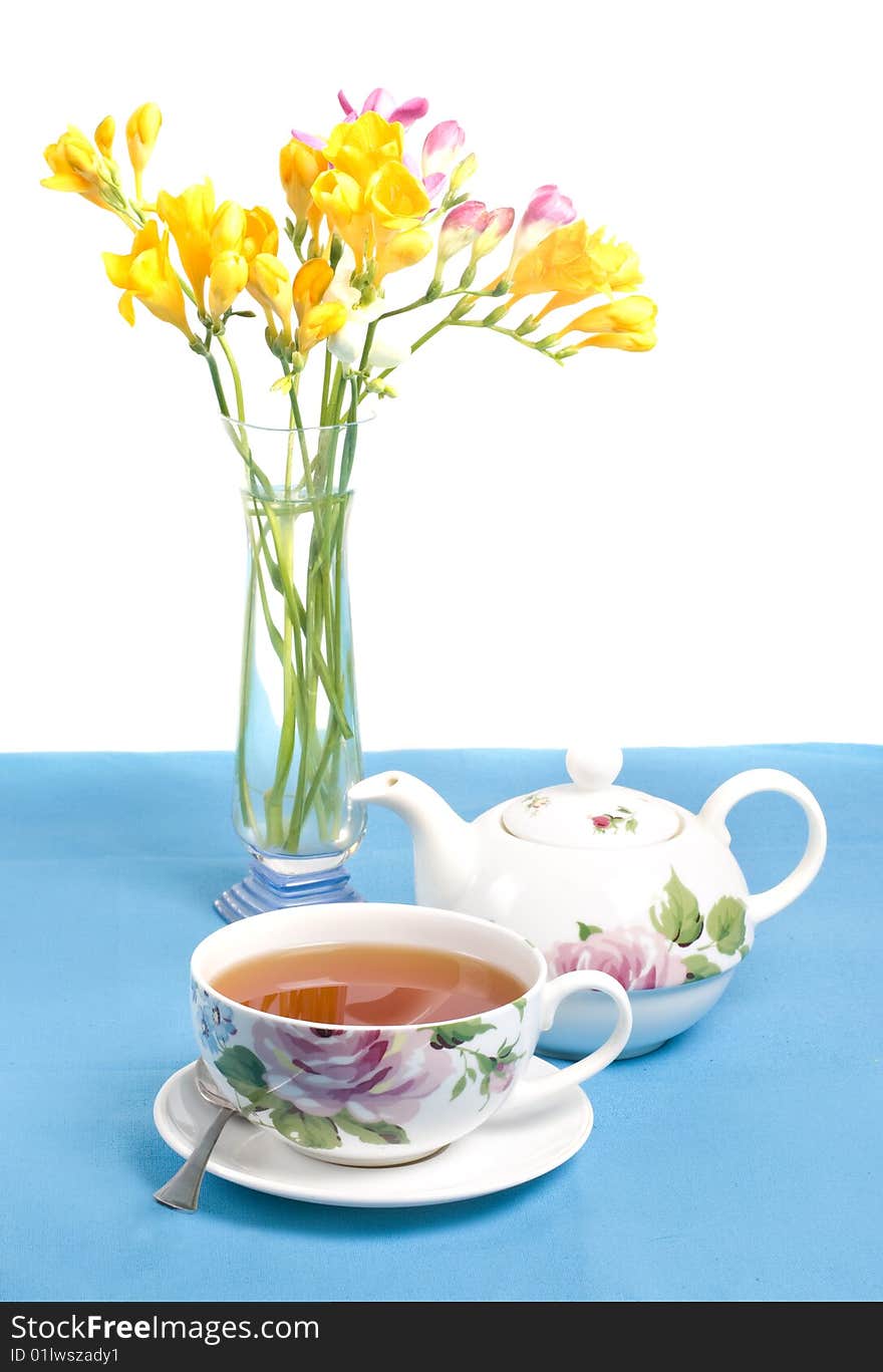 Morning tea on blue table cloth