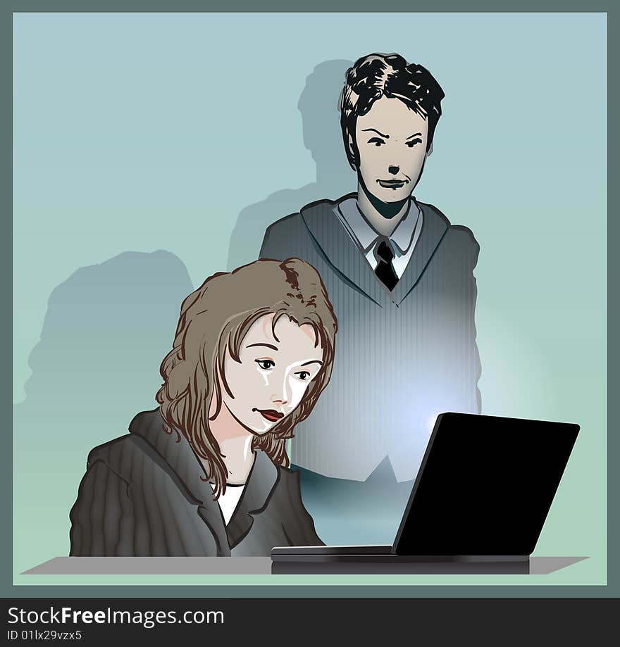 Businessman standing and businesswoman sitting in front of the computer. Businessman standing and businesswoman sitting in front of the computer