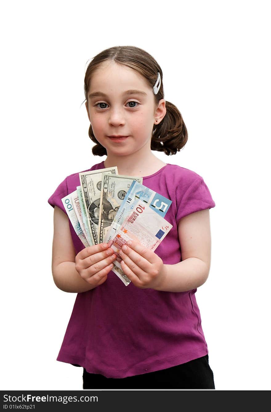 Smiling seven years girl with pigtails holds a fan of banknotes. Smiling seven years girl with pigtails holds a fan of banknotes