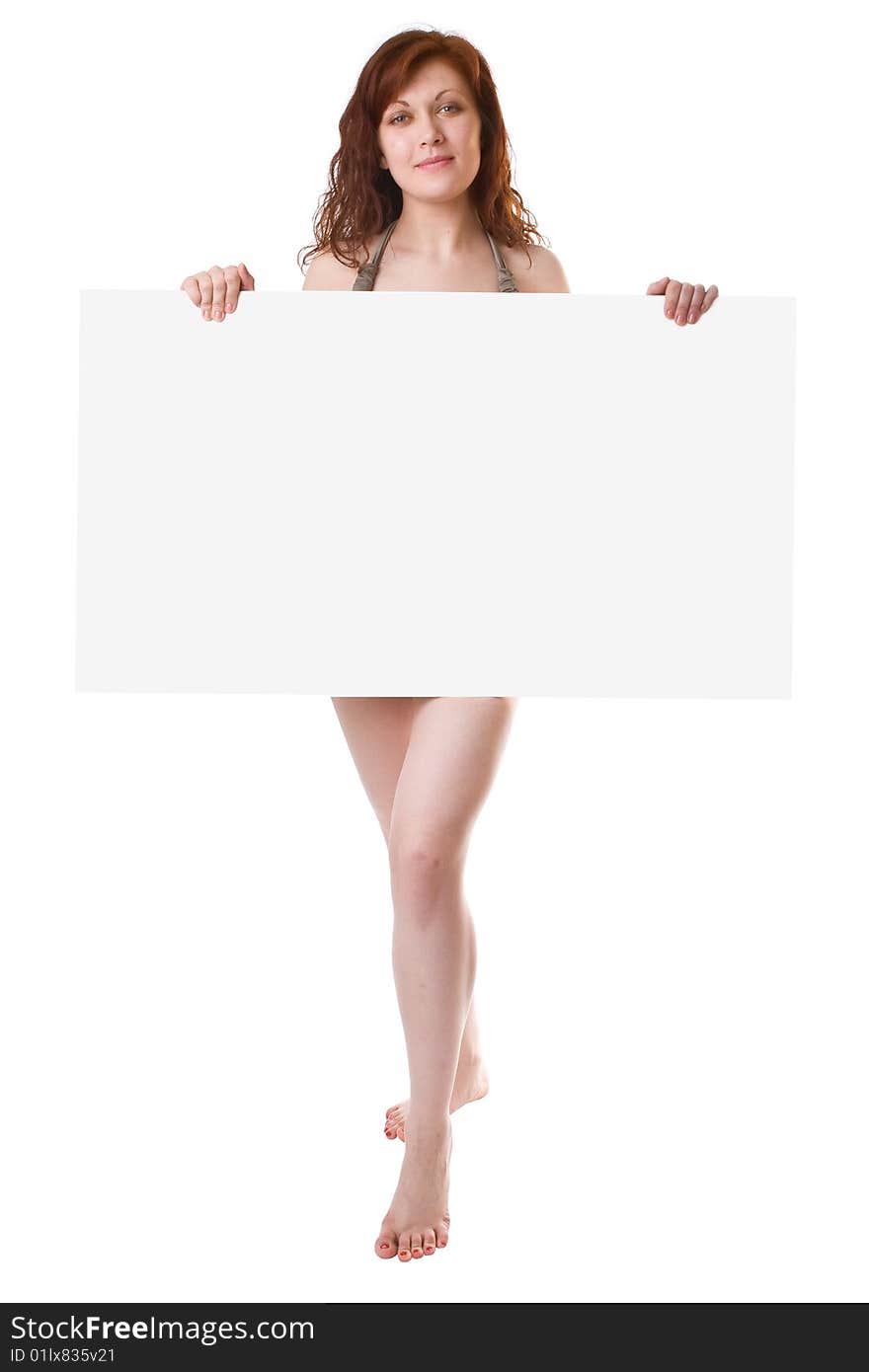 Undressed girl with a clean sheet in hands isolated on a white background. Undressed girl with a clean sheet in hands isolated on a white background