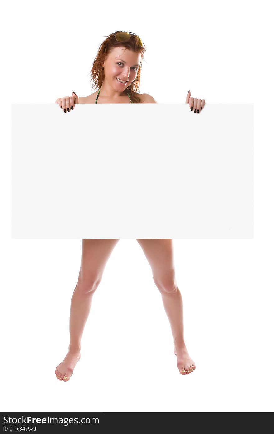 Undressed girl with a clean sheet in hands isolated on a white background. Undressed girl with a clean sheet in hands isolated on a white background