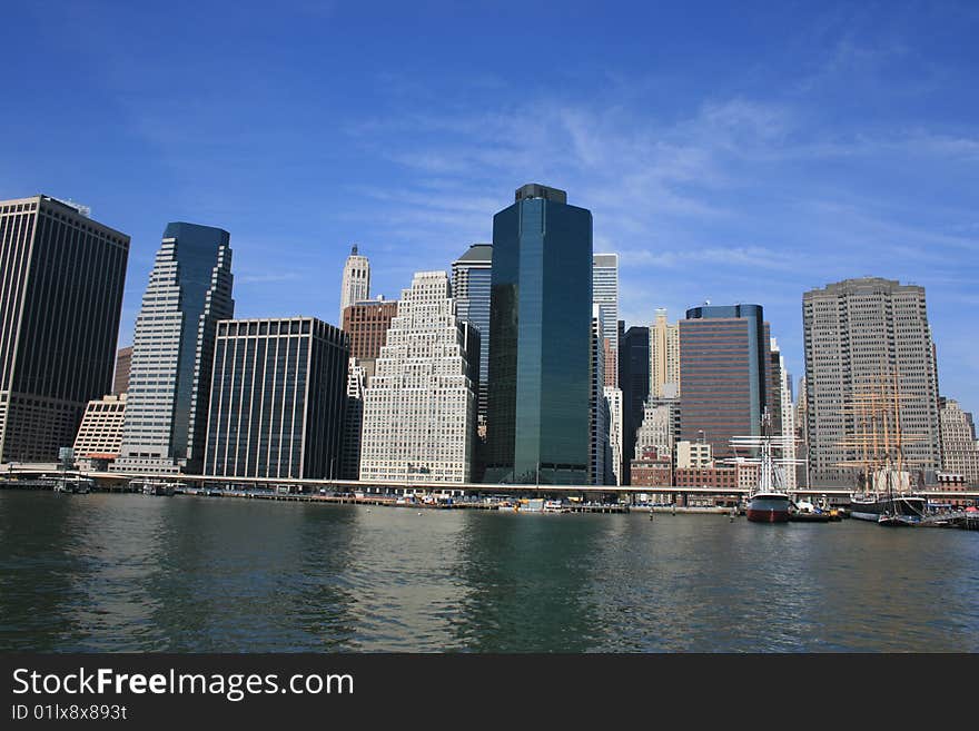 Lower Manhattan skyline along the East River. Lower Manhattan skyline along the East River.