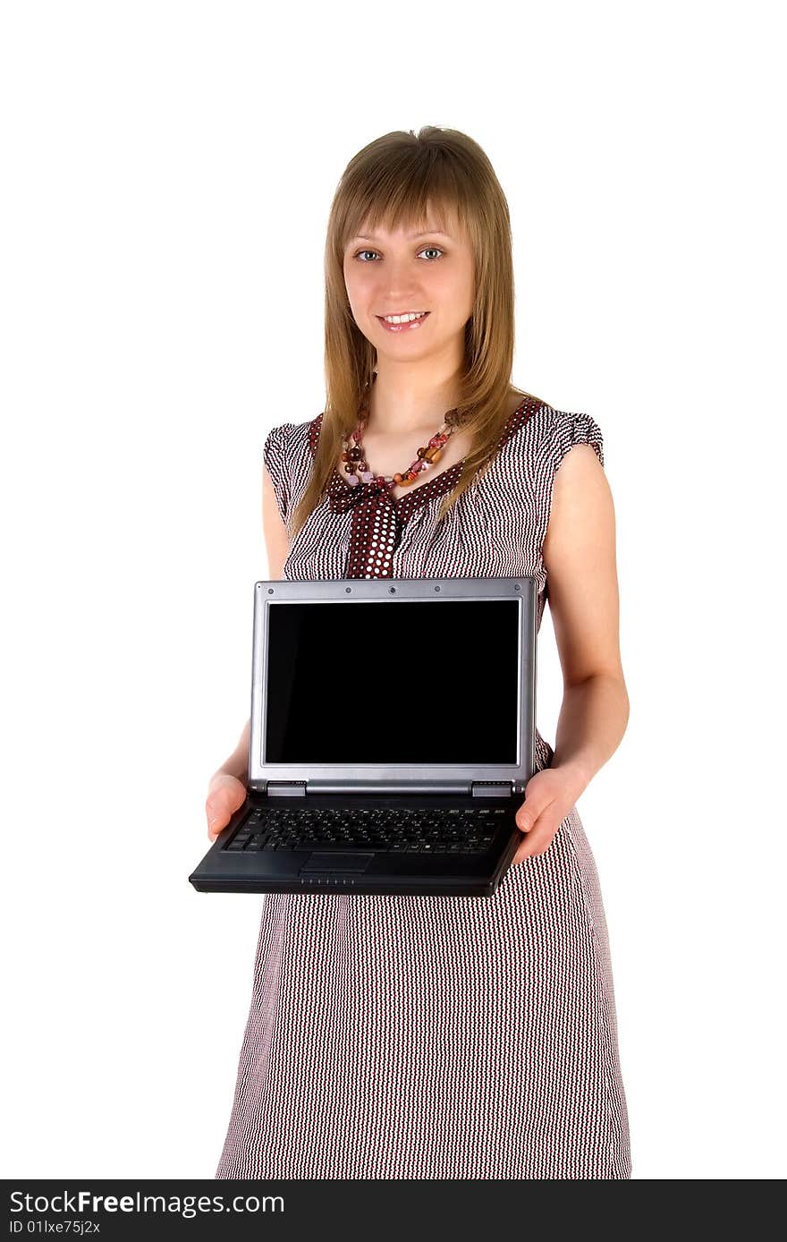 Cute woman hold laptop. Isolated on white background. Cute woman hold laptop. Isolated on white background