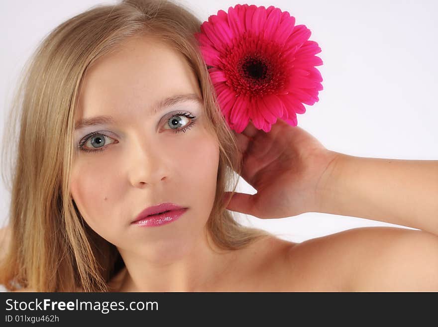 Girl With Ping Flowers