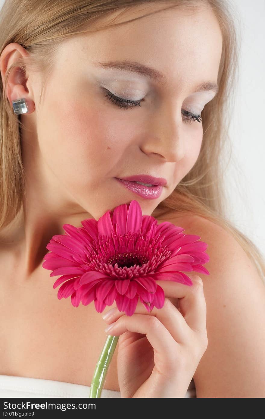 Girl with ping flowers