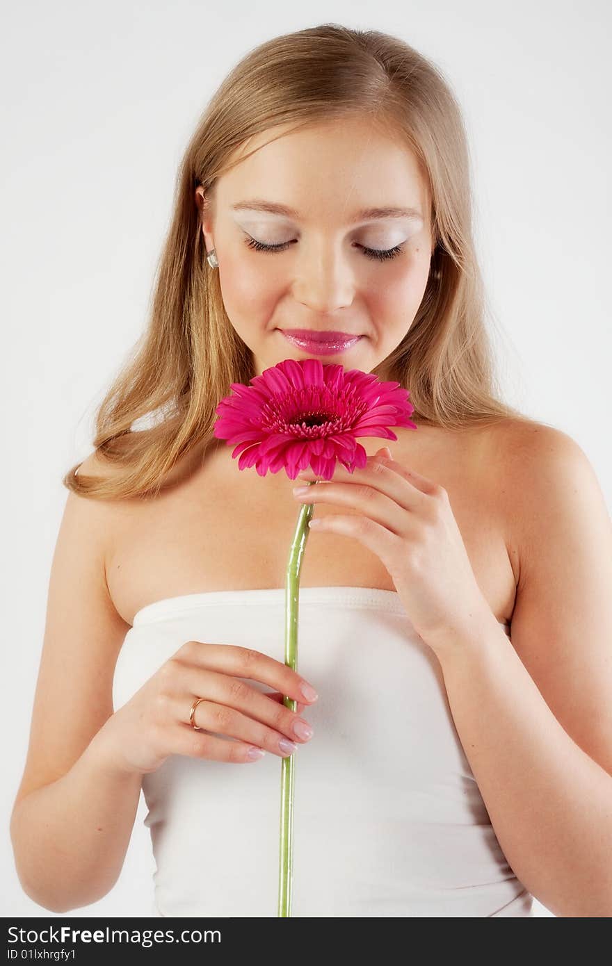 Girl with ping flowers