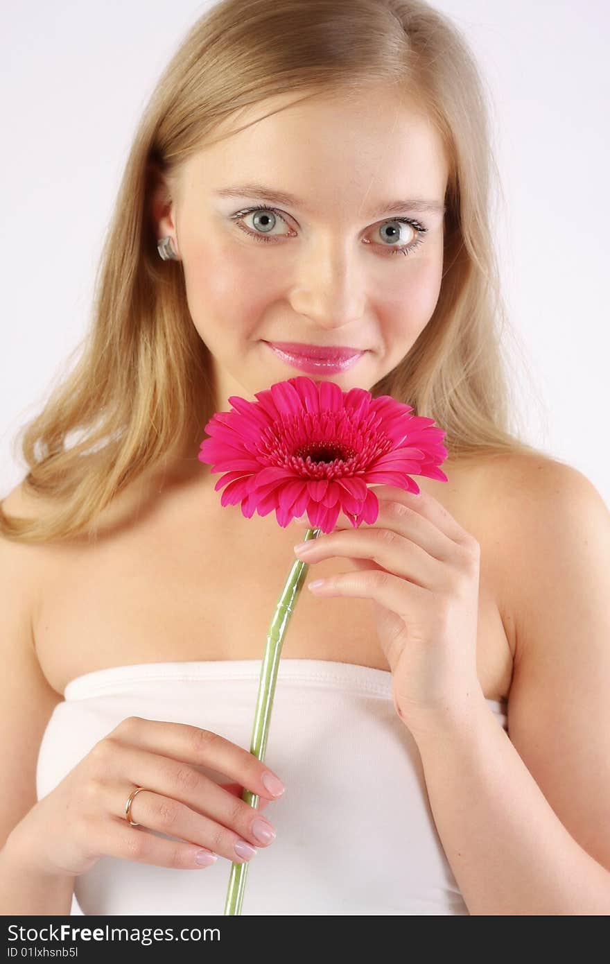 Girl With Ping Flowers