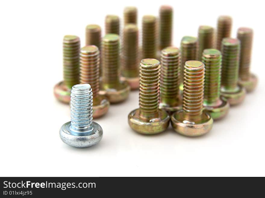 Metal bolts in line isolated on white background