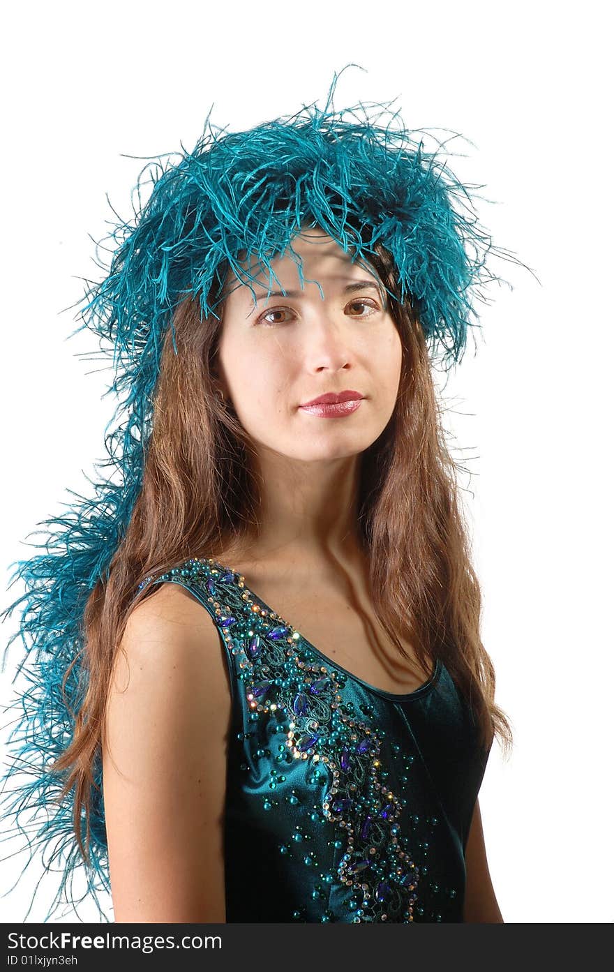 Beautiful woman with blue boa on a head on white background