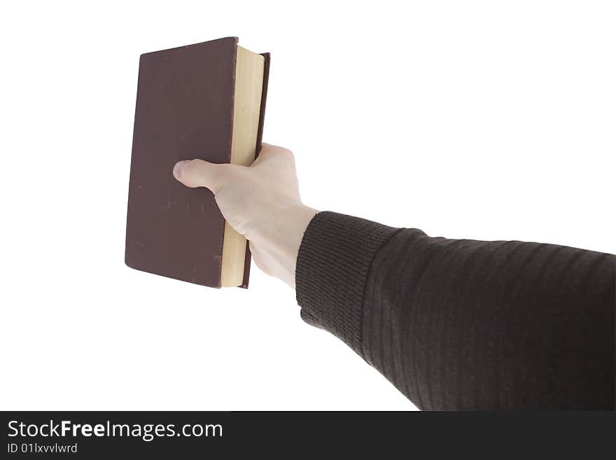 Hand with brown books on a white background. Hand with brown books on a white background.