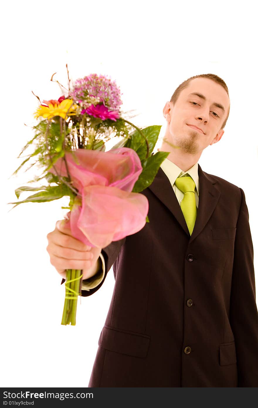 Man with flowers on white background