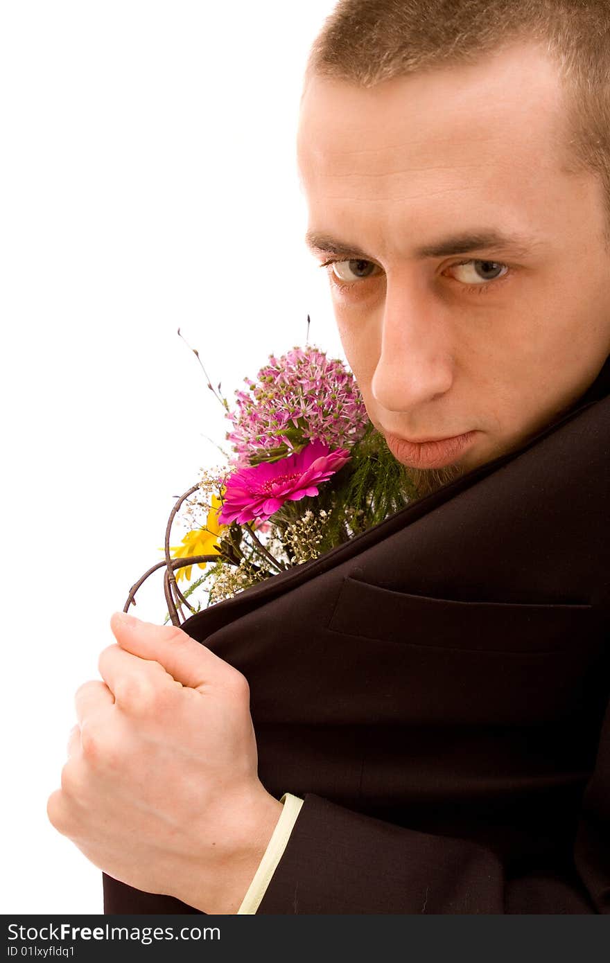 Man with flowers on white background