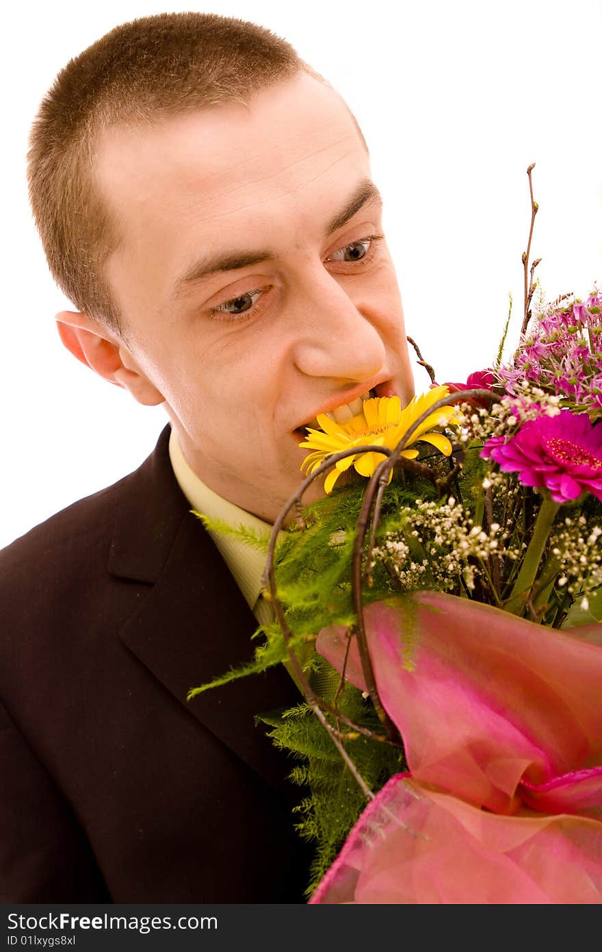 Man with flowers on white background