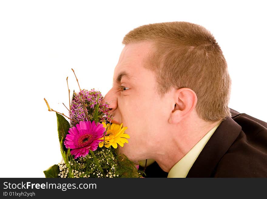 Man with flowers on white background