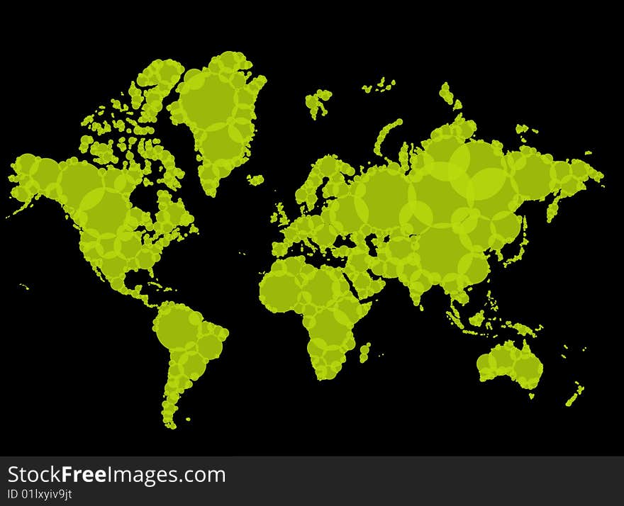 Map of the earth created with a large quantity of green circles on a black background. Map of the earth created with a large quantity of green circles on a black background