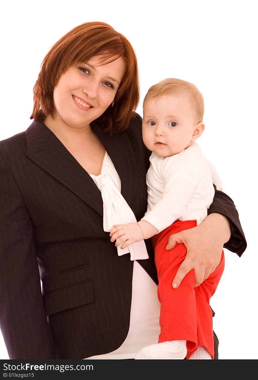 Businesswoman with baby on white