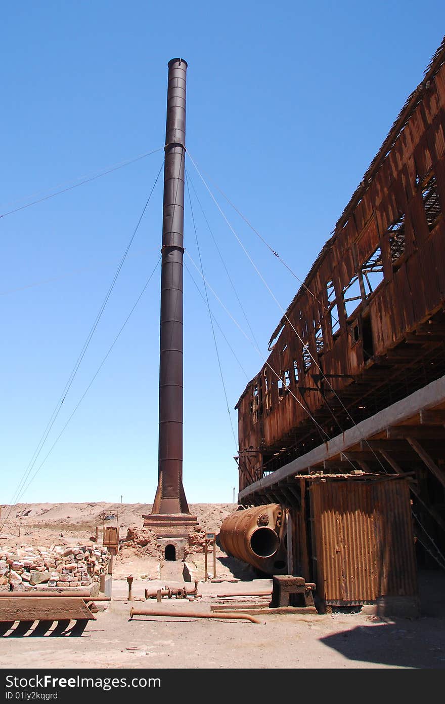 Smoke stack in the abandoned Santa Laura nitrate mine near Iquique in the Atacama desert of northern Chile