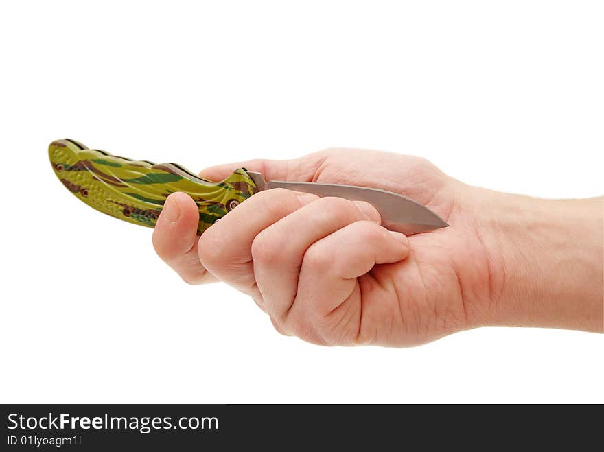 Hand holding army pocket knife on white background