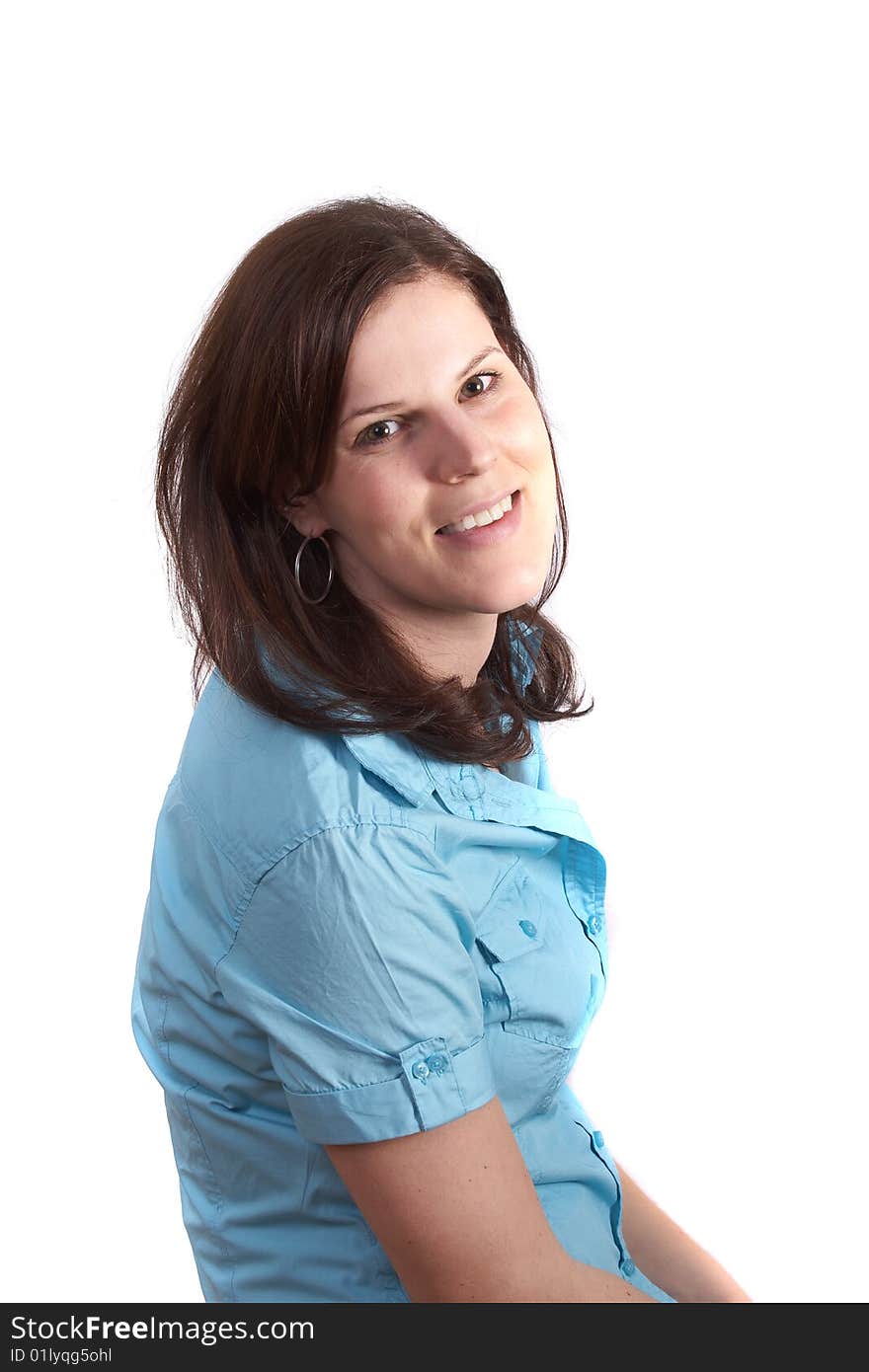 Closeup portrait of a happy young woman smiling isolated on white background.