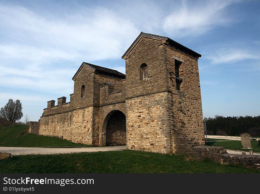 Gate of a reconstructed Roman castle guarding the south German part of the Roman border (Limes).