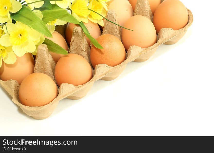 Eggs and yellow flowers isolated on white background