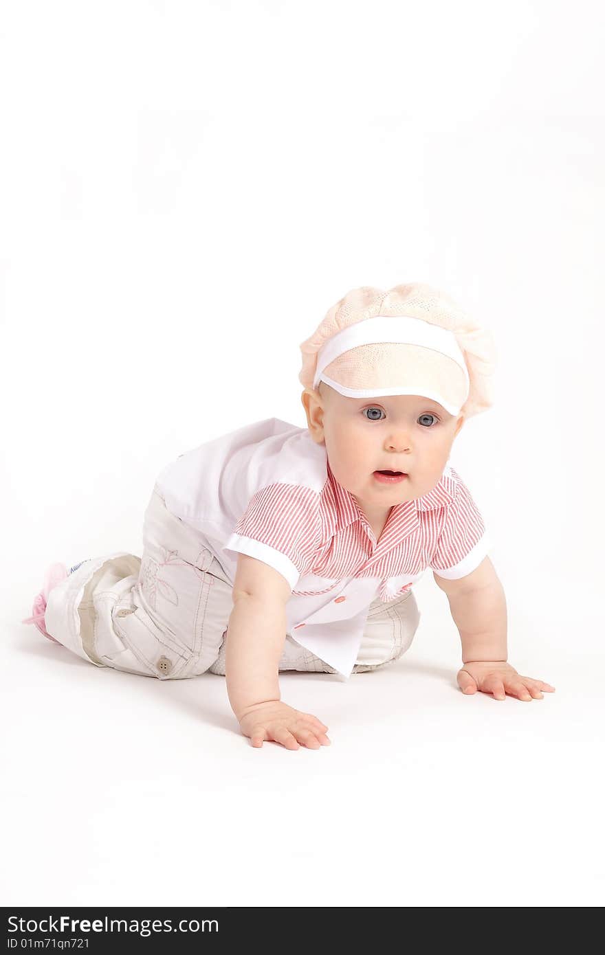 The small child on a white background