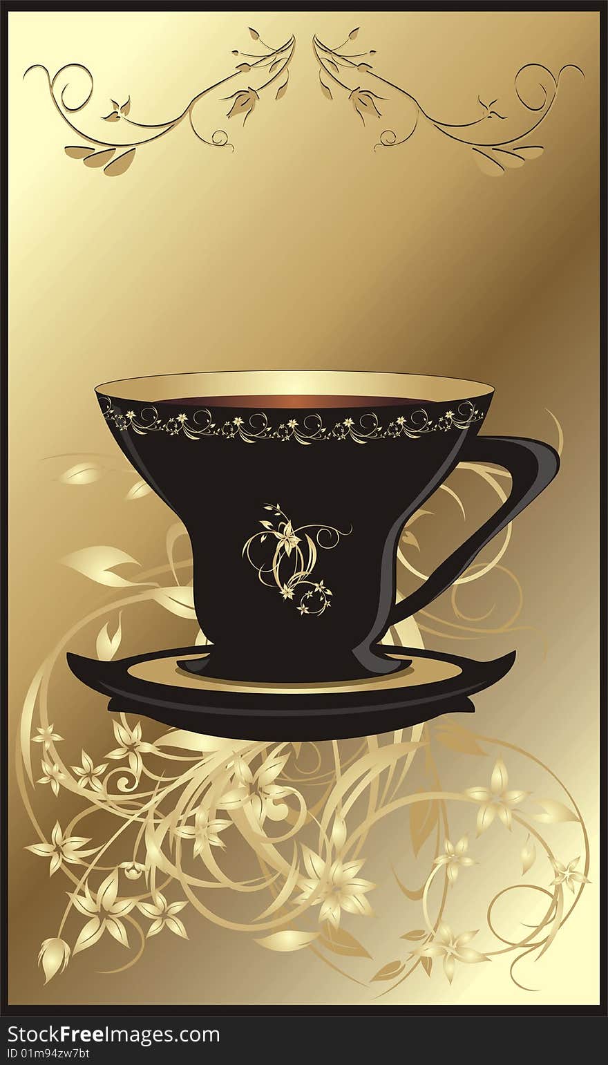 Cup with coffee. Decorative floral wrapping. Vector illustration