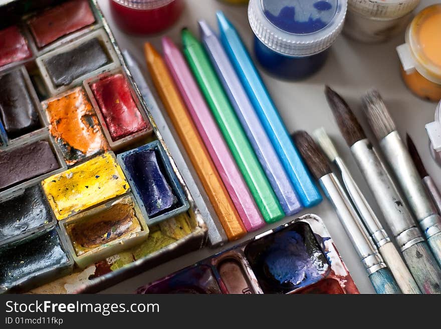 Items for drawing and art: watercolor paint, brushes, colored pencils.