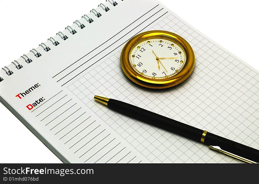 Pen, notebook and clock isolated on white background. Pen, notebook and clock isolated on white background.