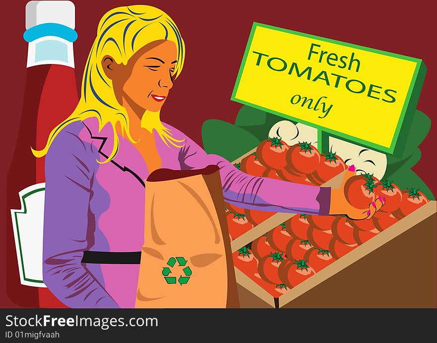 Vector illustration of a young women at the shop, holding a tomato, and with a bottle of ketchup in background of the image