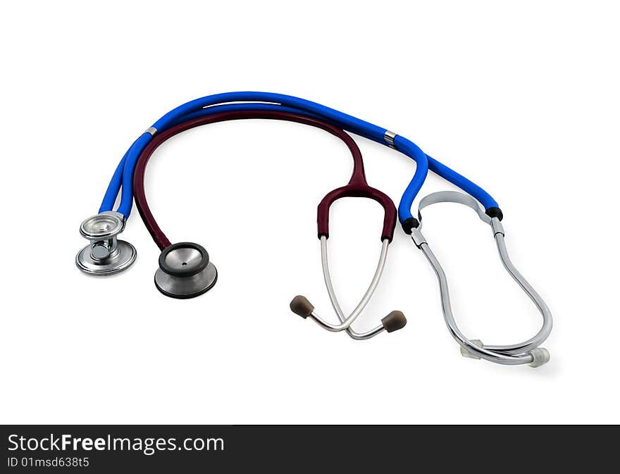 Two stethoscopes, blue and lack on isolated background. Two stethoscopes, blue and lack on isolated background