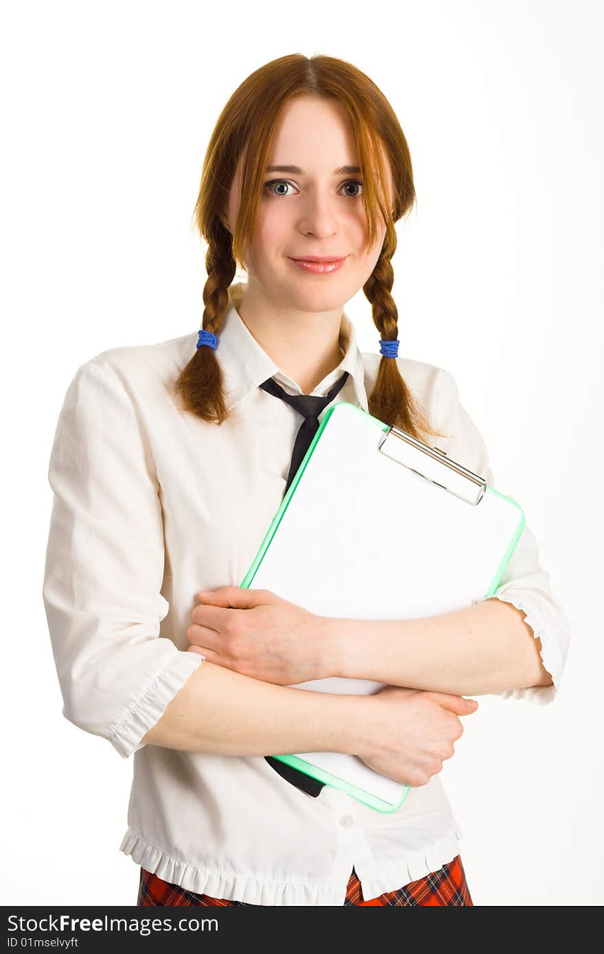 Cute girl with a worksheet on white background. Cute girl with a worksheet on white background