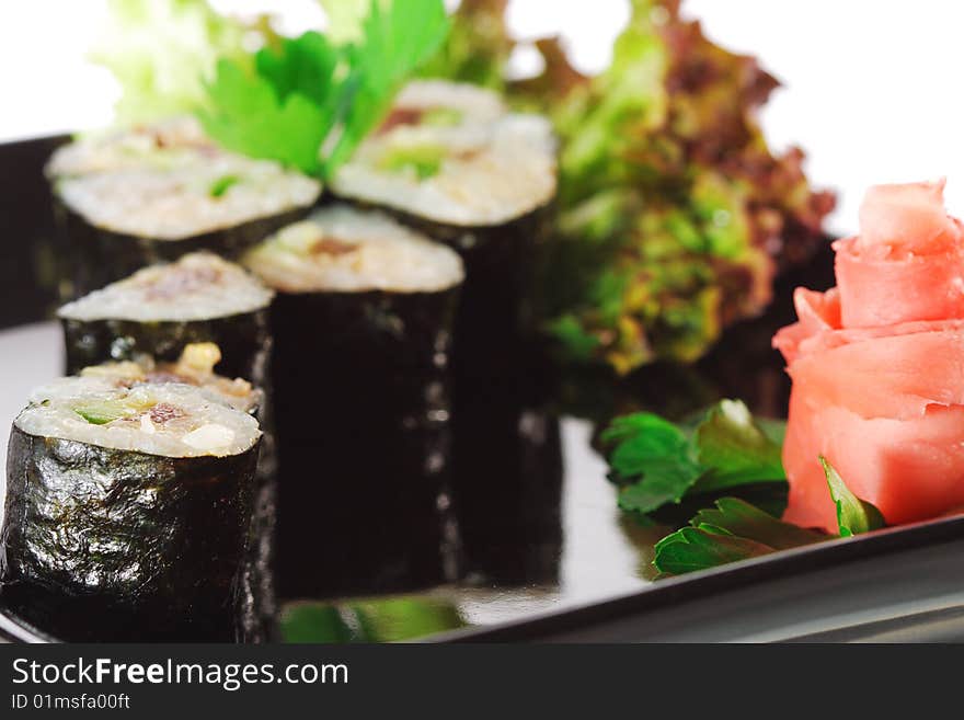 Japanese Cuisine - Sushi with Salad Leaf and Parsley