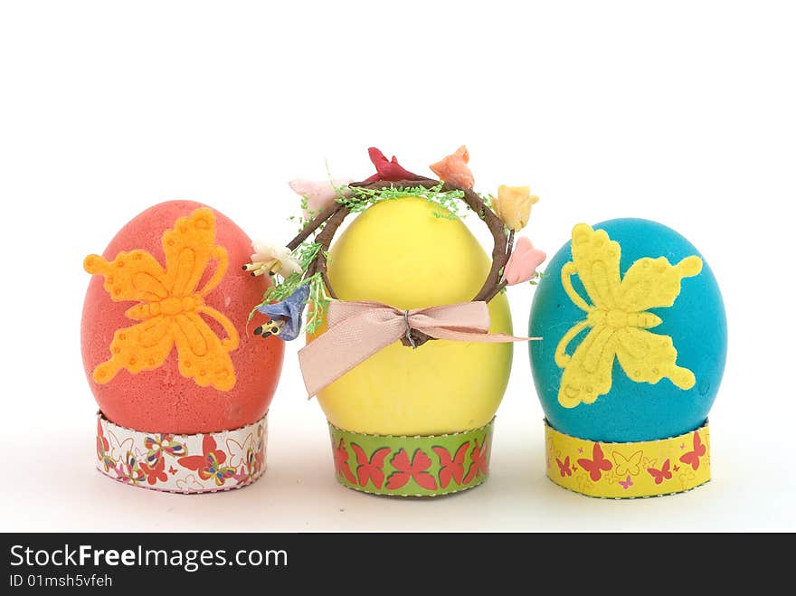 Easter eggs on white background. Selective focus