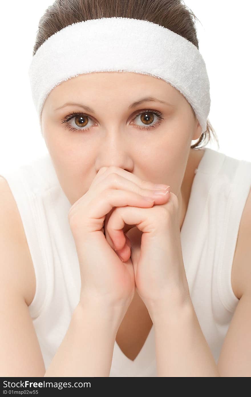 Sport woman thinking portrait, white wear