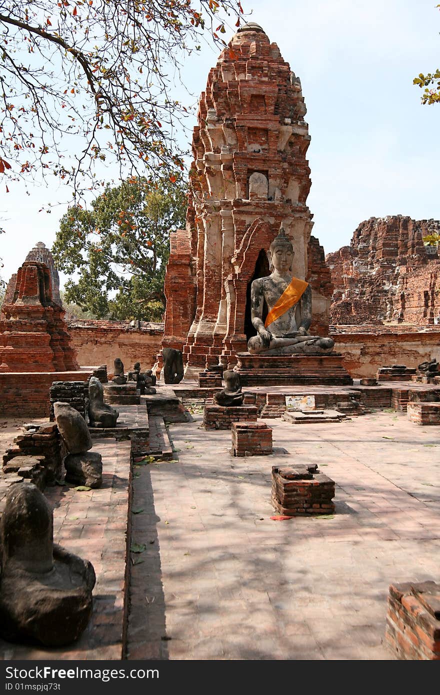 Monuments of buddah ruins of Ayutthaya old capital in Thailand