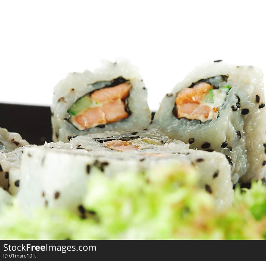 Japanese Cuisine - Sushi with Fresh Salad Leaf