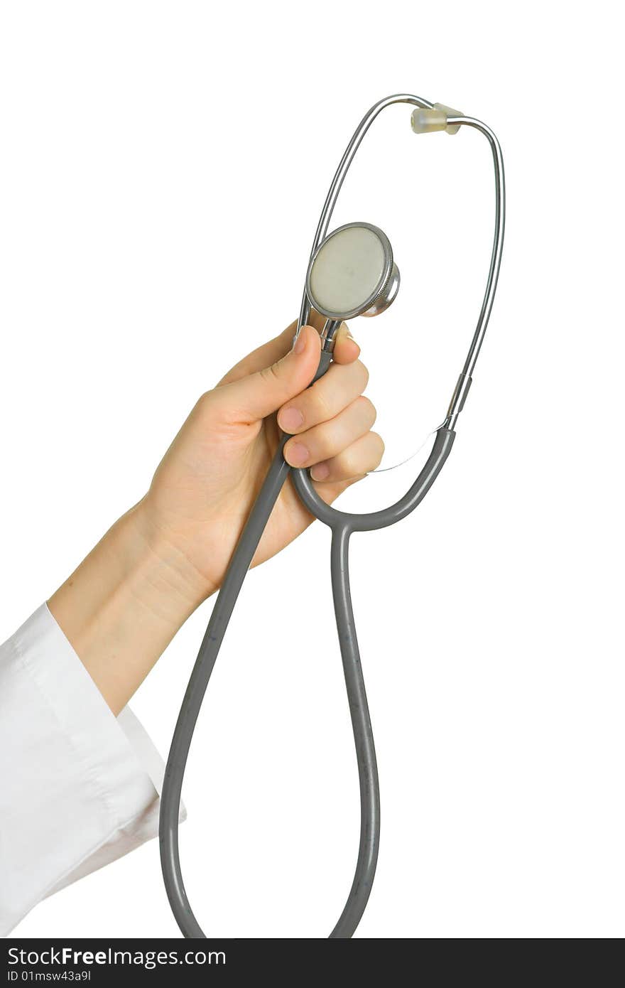 Stethoscope in his hand the doctor on a white background