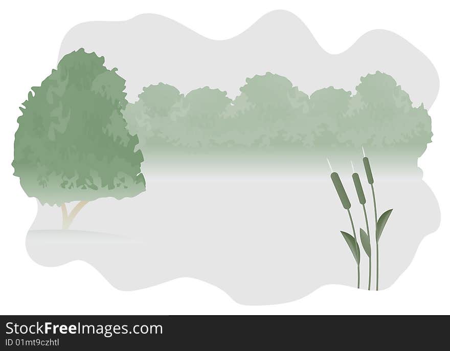 Wonderful illustration of forest lake with bushes on the bank and the single tree on the island. Wonderful illustration of forest lake with bushes on the bank and the single tree on the island.