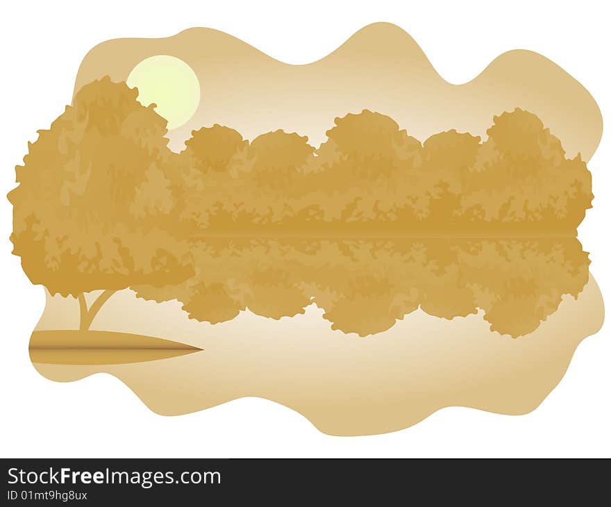 Wonderful illustration of forest lake with bushes on the bank and the single tree on the island. Wonderful illustration of forest lake with bushes on the bank and the single tree on the island.