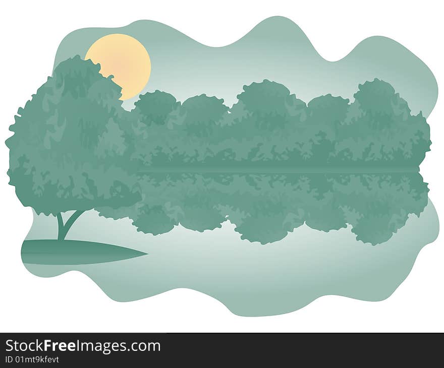 Wonderful illustration of forest lake with bushes on the bank and the single tree on the island. Wonderful illustration of forest lake with bushes on the bank and the single tree on the island.