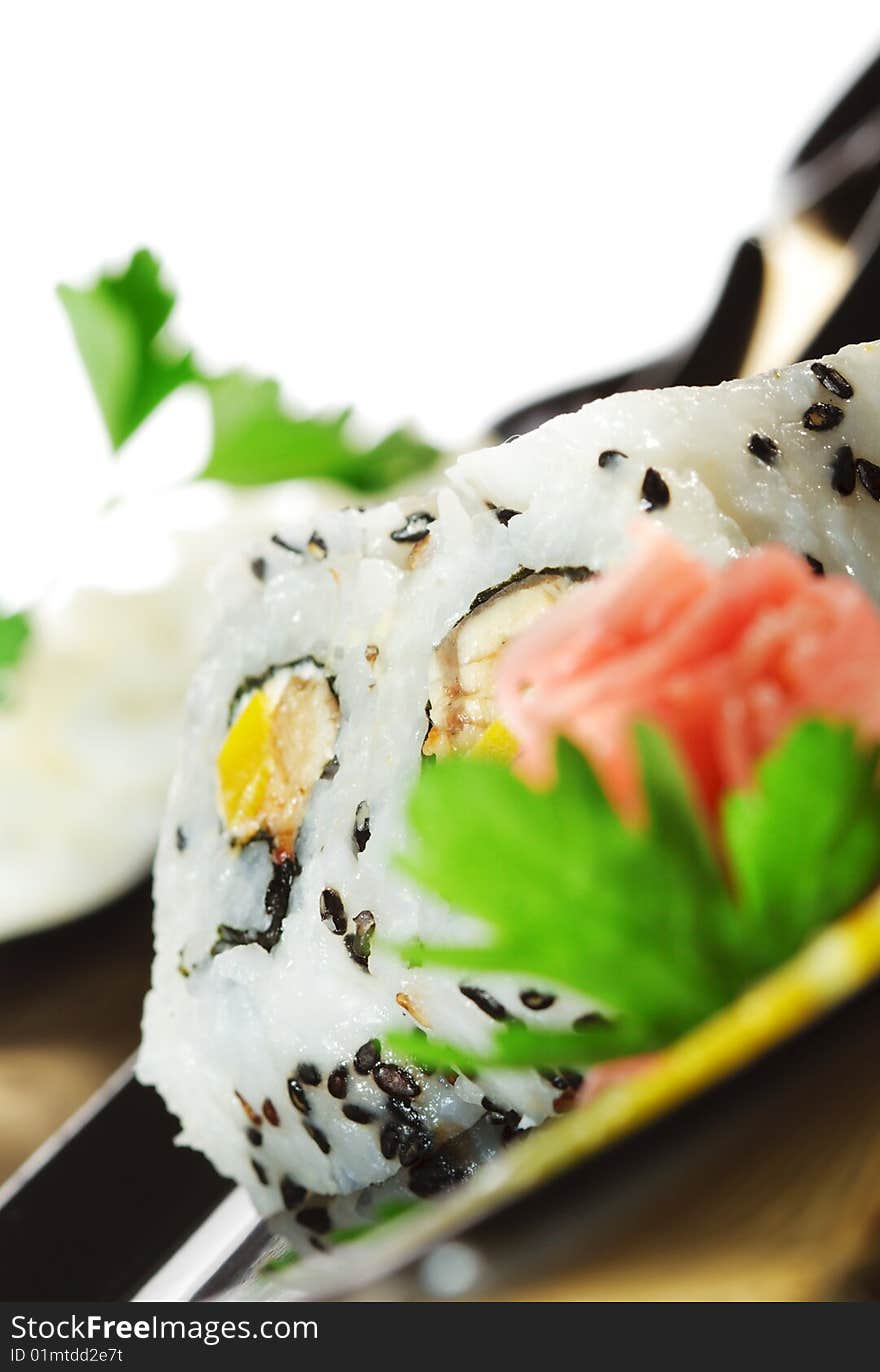 Japanese Cuisine - Sushi with Salad Leaf and Parsley